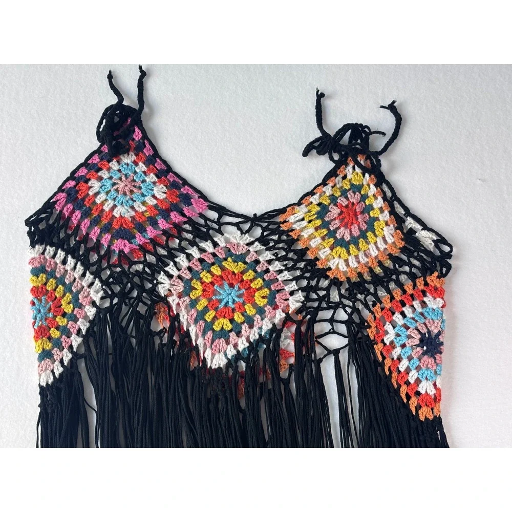 Shein Curve Crochet Granny Square Fringe‎ Top Multi-Color Boho Festival 1XL